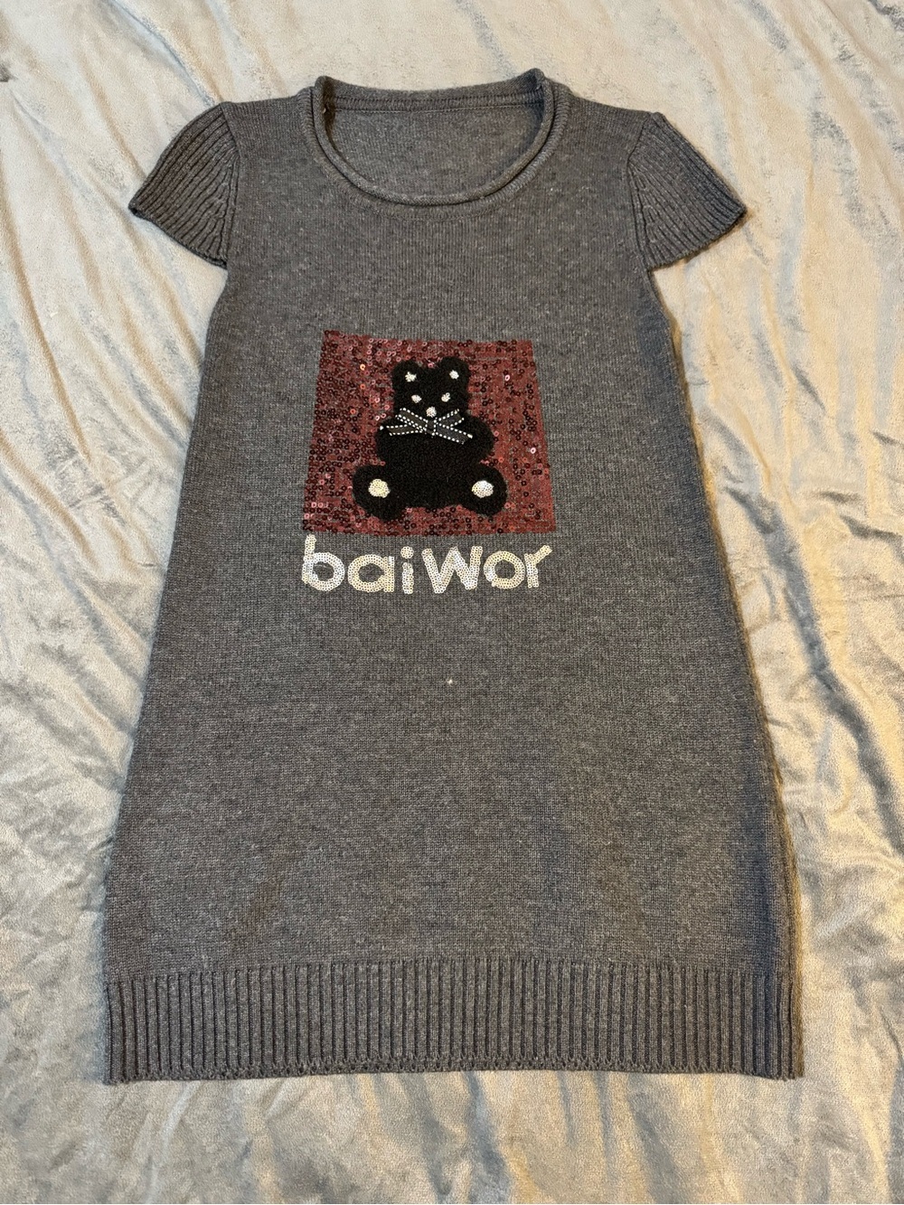 Gray Knit Mini Dress with Sequin Cat Motif